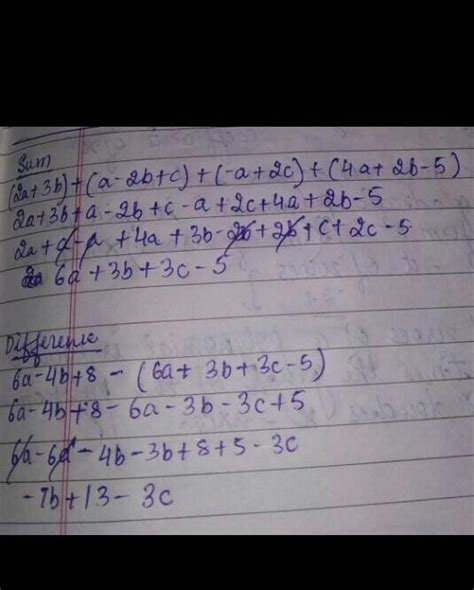 Subtract the sum of 3a + 3b, 2a-2b+c, -a +2c and 4a + 3b-5 from 7a-4b ...