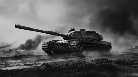 Giant military tanks traverse the barren battlefield their massive ...