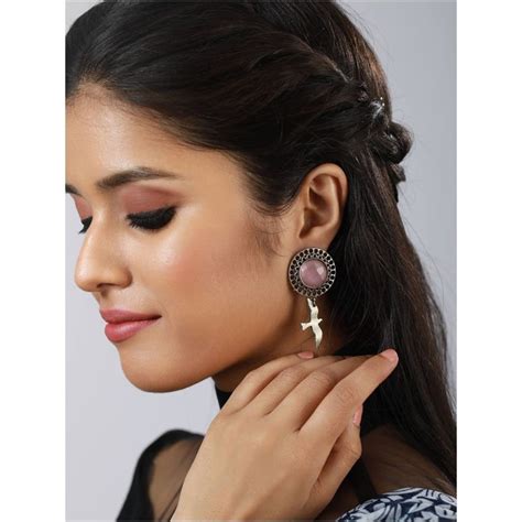 Buy Aatmana Silver Plated Oxidised Pink Contemporary Bird Shaped Drop ...