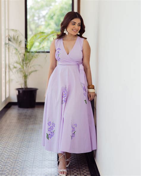 Shop Varnish Lavender Handpainted Cotton Dress for Women Online in ...