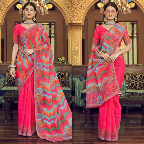 Pink Printed With Embellished Georgette Half and Half Saree