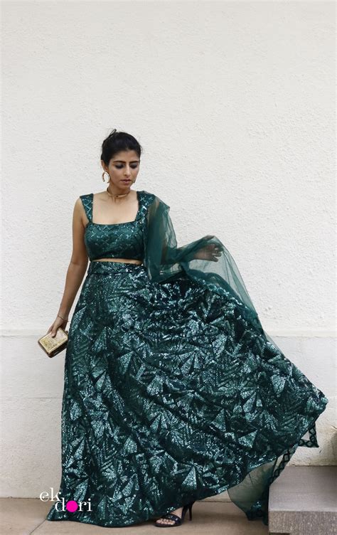 Statement Sequin Lehenga Dupatta Set : Emerald Sequin Lehenga Set – Ek Dori