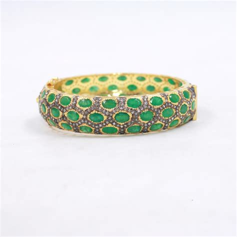 Natural Emerald & Diamond Bangle – Gold Plated 925 Sterling Silver Vin ...