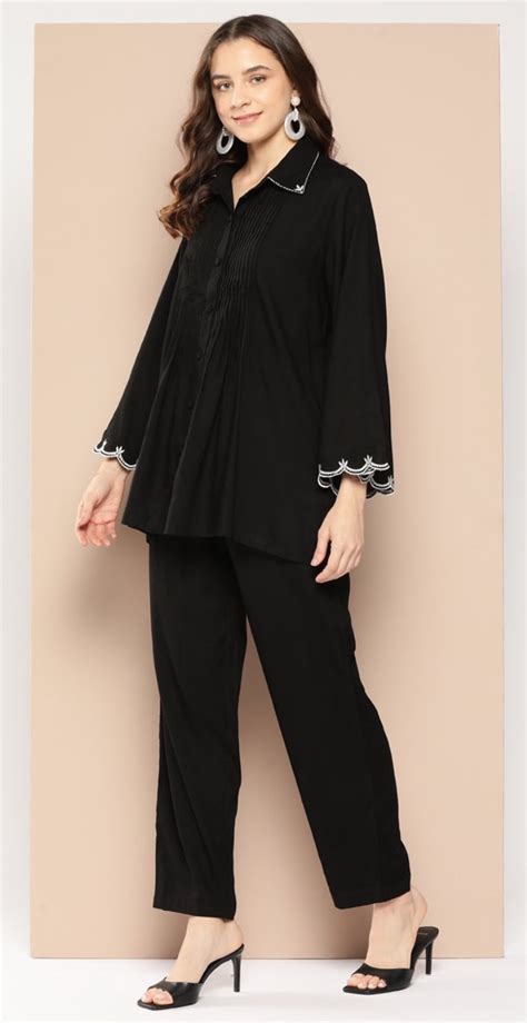 Buy Black Solid Viscose Rayon Co-Ord Set for Women – Shirt Collar Top ...