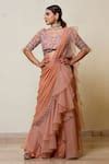Buy Peach Organza, Net Cut Work, Sequins, Pearls Pre-draped Ruffle ...