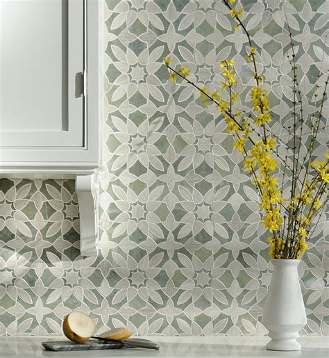 Flower Patterned Green and White Kitchen Backsplash Tile