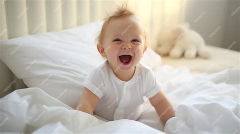 Premium Photo | Morning Giggles Cute Baby Laughing in Bed