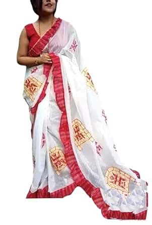 Buy Jolly Durga Cotton Puja Applique Handloom Saree Kulo Design - White ...