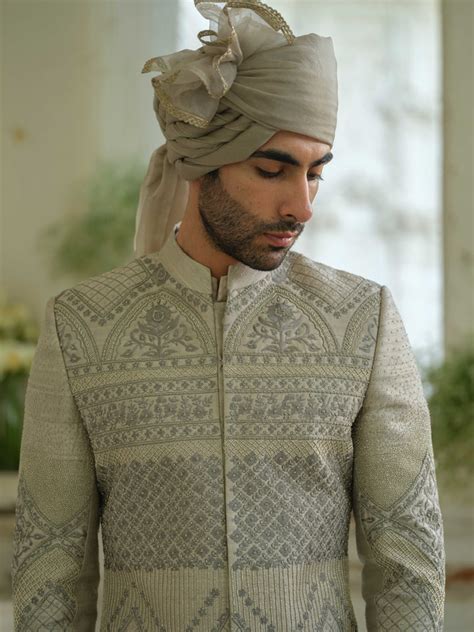Olive Green Hand Embroidered Sherwani Set – Amrit Dawani