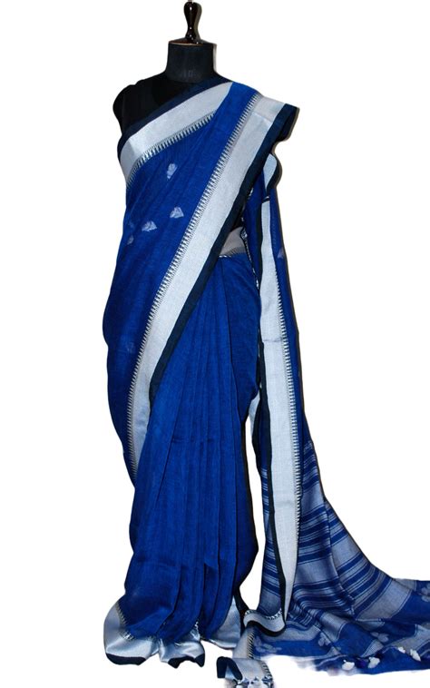 Premium Quality Traditional Linen Jamdani Saree in Denim Blue and Off ...