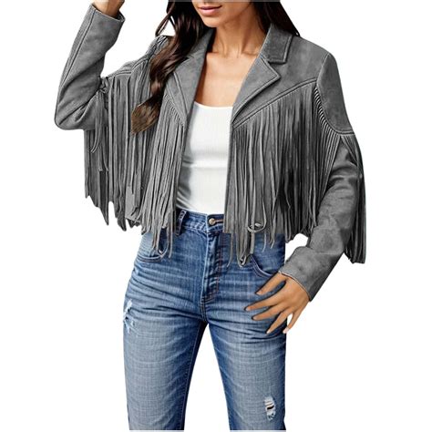 Hwmodou Women Plus Size Jackets Women's Fringe Suede Leather Jacket ...