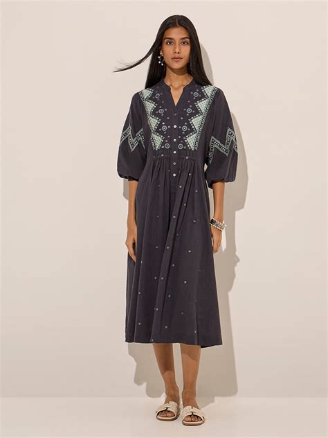 Buy Utsa Charcoal Boho-Themed Cotton A-Line Dress from Westside