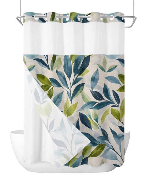 No Hook Shower Curtains with Snap in Liner, Teal Green Leaves ...