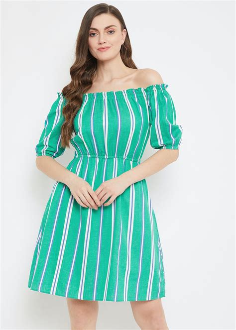 Get Scrunch Off Shoulder Detail Striped Green Dress at ₹ 1995 | LBB Shop