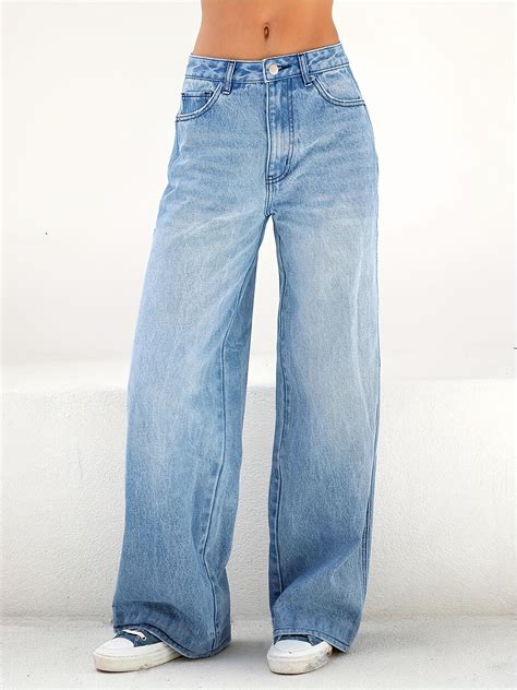 Blue Loose Fit Wide Leg Jeans, High Waist Slash Pockets High Rise ...