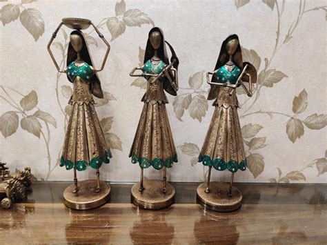 Traditional Indian Farmer Lady Pair Iron Statues Hand Crafted Set of 3 ...