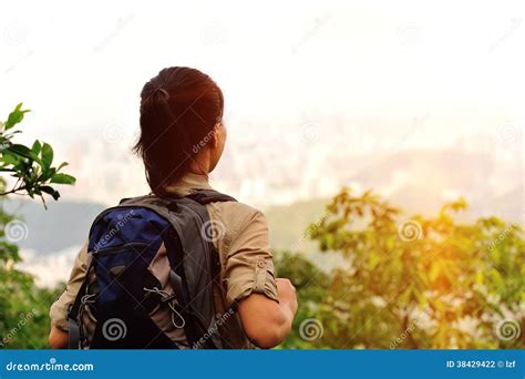 Young Woman Hiker Moutain Peak Stock Photo - Image of forest, landscape ...