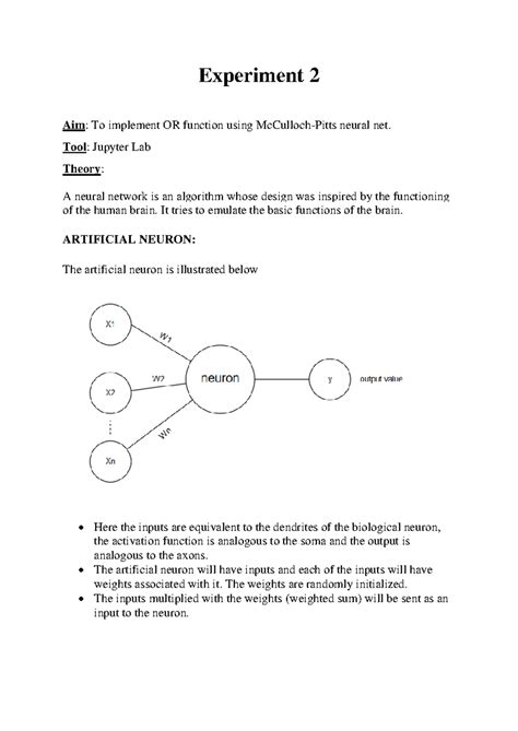 Experiment 2 - OR Gate Implementation with McCulloch-Pitts Model - Studocu