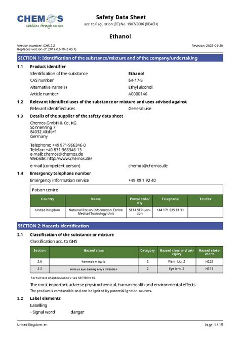 Safety Data Sheet (SDS) for Ethanol (GHS 2.2) - REACH Compliance - Studocu
