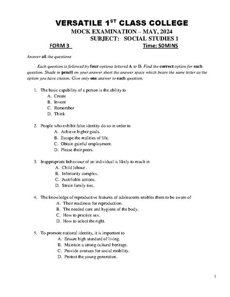 VERSATILE 1ST CLASS COLLEGE SOCIAL STUDIES MOCK EXAM MAY 2024 - Studocu