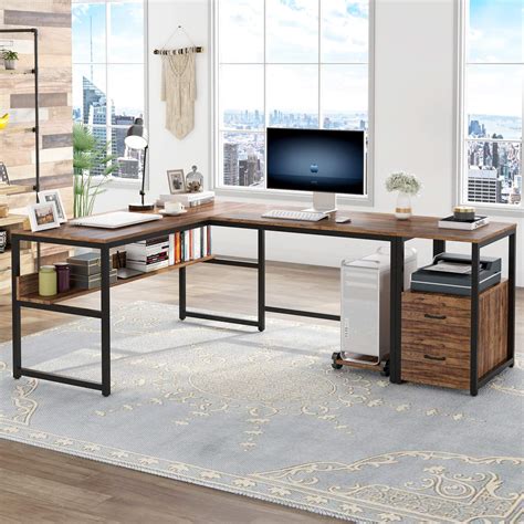 Tribesigns 70 Inch Modern L-Shaped Desk with Bookcase and Cabinet, L ...
