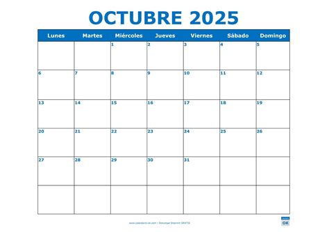 Calendario【OCTUBRE 2025】Colorido para Imprimir en PDF Word Editable