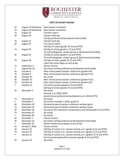 Rochester Community School District Calendar 25-26 Revised [pdf ...