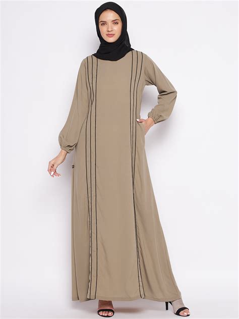 Nabia Beige A-line Abaya for Women with Georgette Scarf