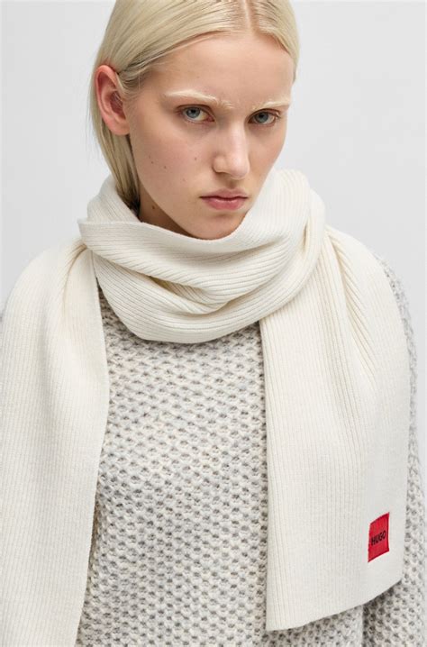 HUGO - Ribbed wool-blend scarf with red logo label