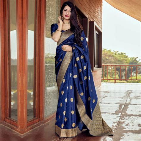 Jazzy Navy Blue Coloured Partywear Woven Silk Saree