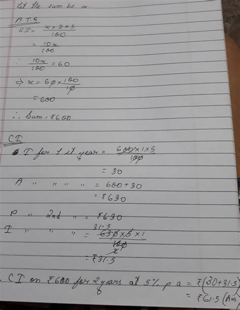 If the simple interest on a sum of money for 2 years at 5% per annum is ...