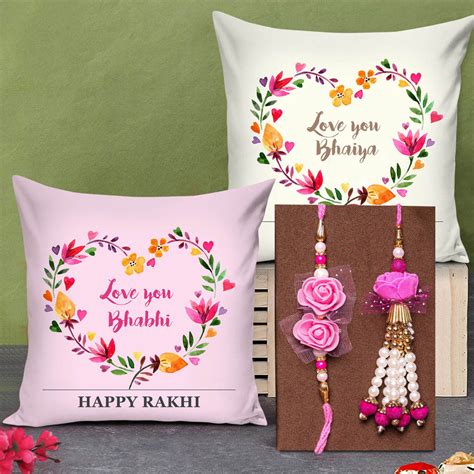 Buy | RakshaBandhan Set of 2 Cushion with Lumba Rakhi Set | Tied Ribbons
