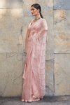 Buy Pink Satin , Organza 3d Sequins V Neck Embroidered Saree With ...
