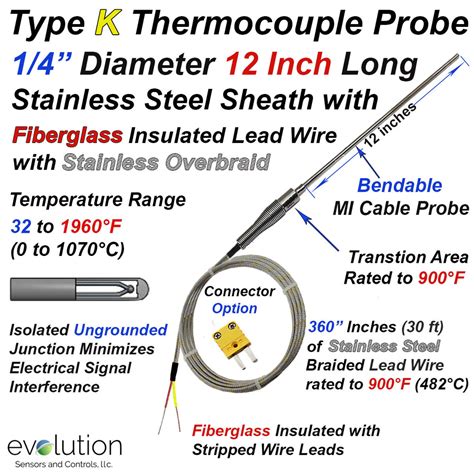 Type K Thermocouple 1/4 Probe with Stainless-Steel on Fiberglass Leads ...