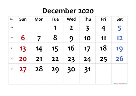 December 2020 Calendar Printable