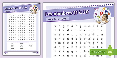 👉 French: Numbers 11-20 Word Search
