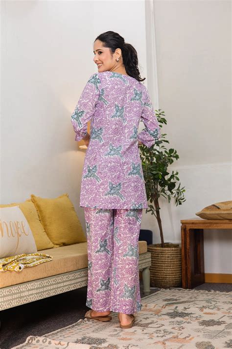 Dreamy Lavender Hand Block Bird Print Cotton Co-ord Set – Gulab Chand ...