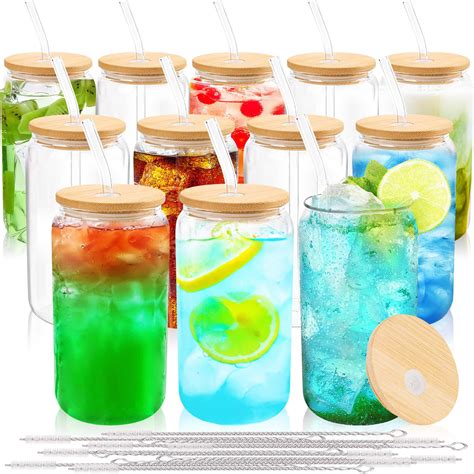 Amazon.com: 8 Pcs Drinking Glasses with Bamboo Lids and Glass Straw ...