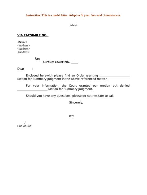 Model Letter for Summary Judgment Order - Blank Fillable Template ...