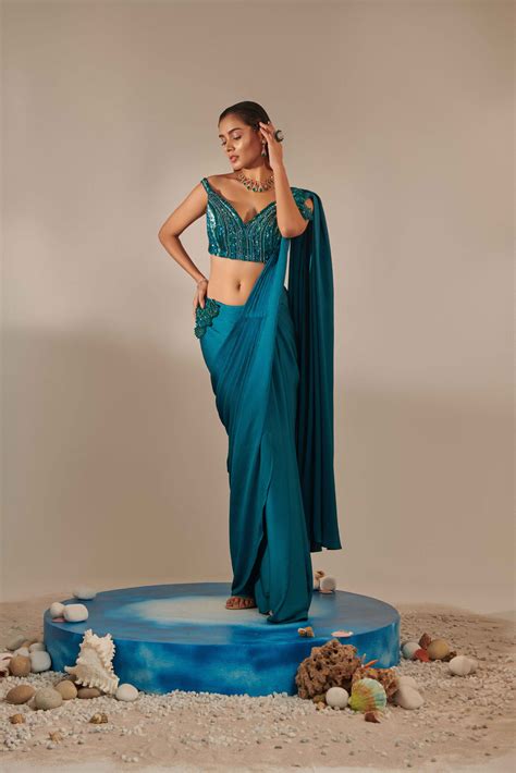 Teal Off Shoulder Pre-stitch Drape Saree Set – One Knot One