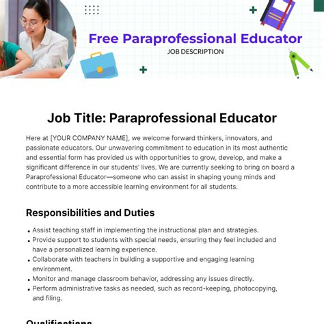 Free Paraprofessional Educator Job Description Template to Edit Online
