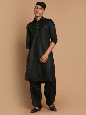 Buy Vastramay Men Black Cotton Blend Pathani Kurta (Set of 2) Online
