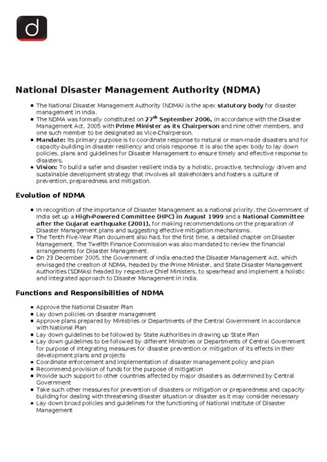 National Disaster Management Authority (NDMA): Overview & Framework ...