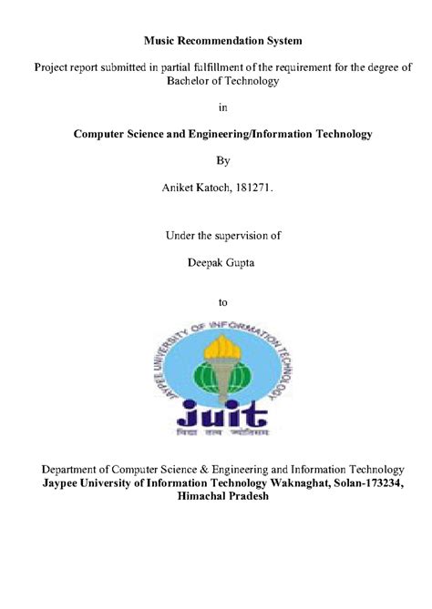 Music Recommendation System Project Report for B.Tech. CSE/IT - Studocu