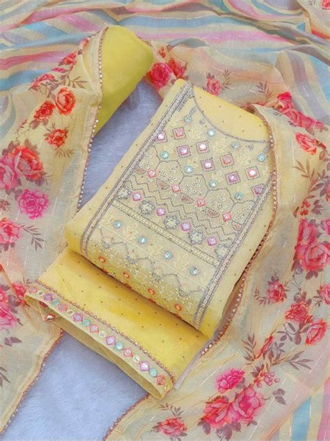 Floral Embroidered Mirror Work Unstitched Dress Material – nevlite