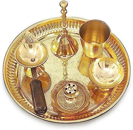 BENGALEN Brass Pooja Thali Set 6 Inch Puja Thali with Pital Plate Glass ...