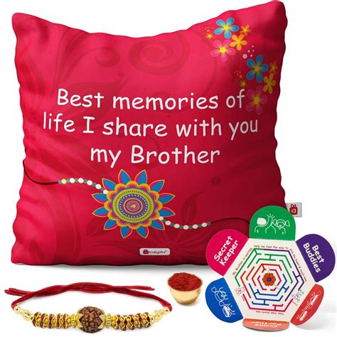Buy Indigifts Crystal Rakhi with Micro Satin Printed Cushion Cover with ...