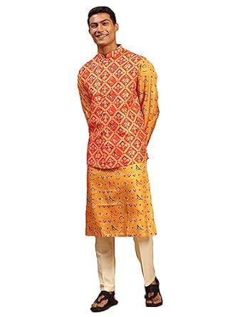Buy VASTRAMAY Men's Rose Red, Yellow and Cream Silk Blend Jacket, Kurta ...