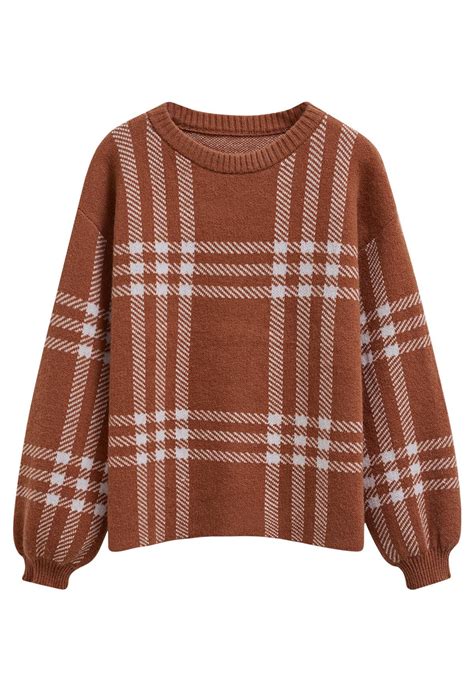 Classic Plaid Round Neck Knit Sweater in Caramel - Retro, Indie and ...