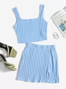 SHEIN EZwear Ribbed Cropped Tank Top & Mini Skirt Set | SHEIN USA